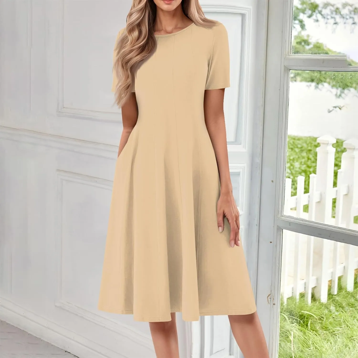 Modest Dresses for Women,2025 Spring Summer Short Sleeve Crewneck Easter Dress,Elegant Vacation Beach Sundress