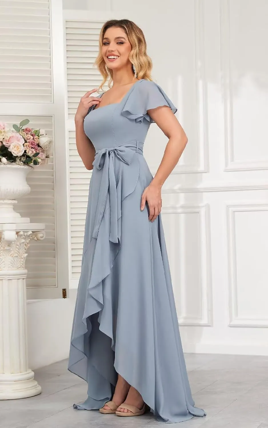 Modest Square Neck Bridesmaid Dresses Short Sleeves Chiffon Ruffle Formal Dress with Slit