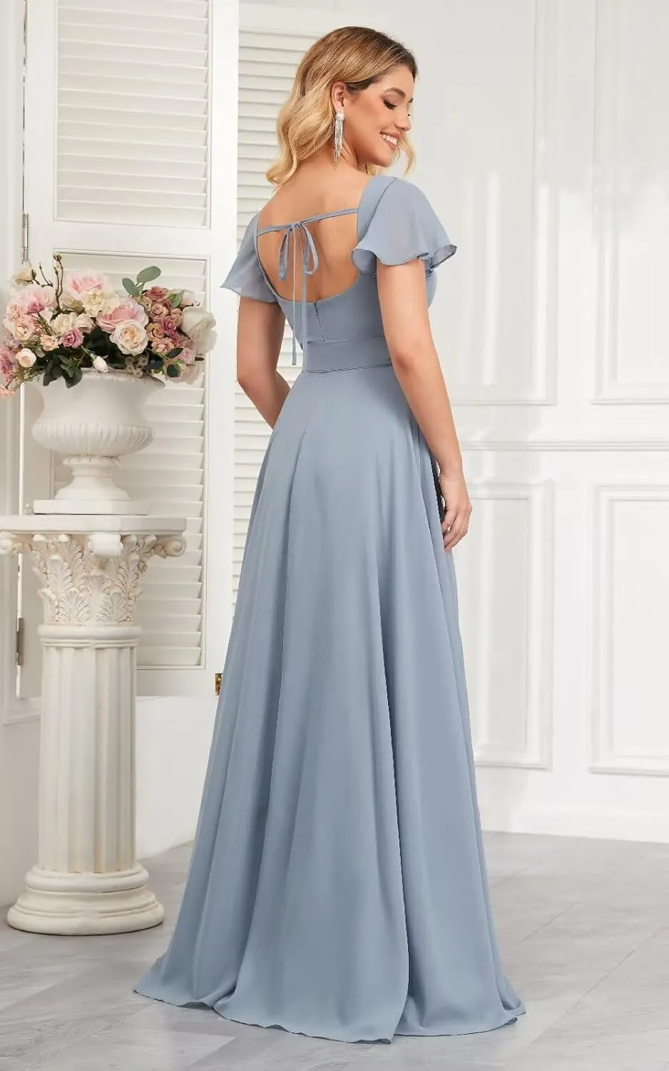 Modest Square Neck Bridesmaid Dresses Short Sleeves Chiffon Ruffle Formal Dress with Slit