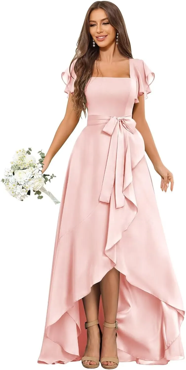 Modest Square Neck Bridesmaid Dresses Short Sleeves Chiffon Ruffle Formal Dress with Slit