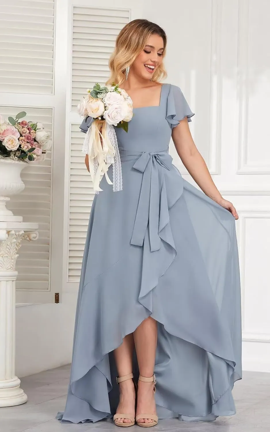 Modest Square Neck Bridesmaid Dresses Short Sleeves Chiffon Ruffle Formal Dress with Slit