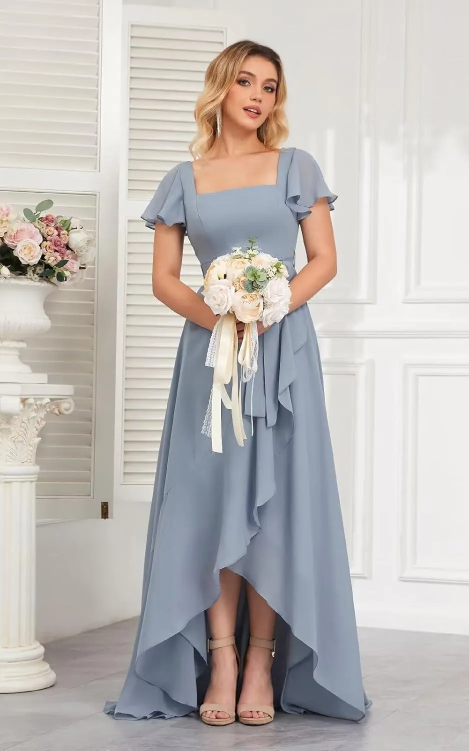 Modest Square Neck Bridesmaid Dresses Short Sleeves Chiffon Ruffle Formal Dress with Slit