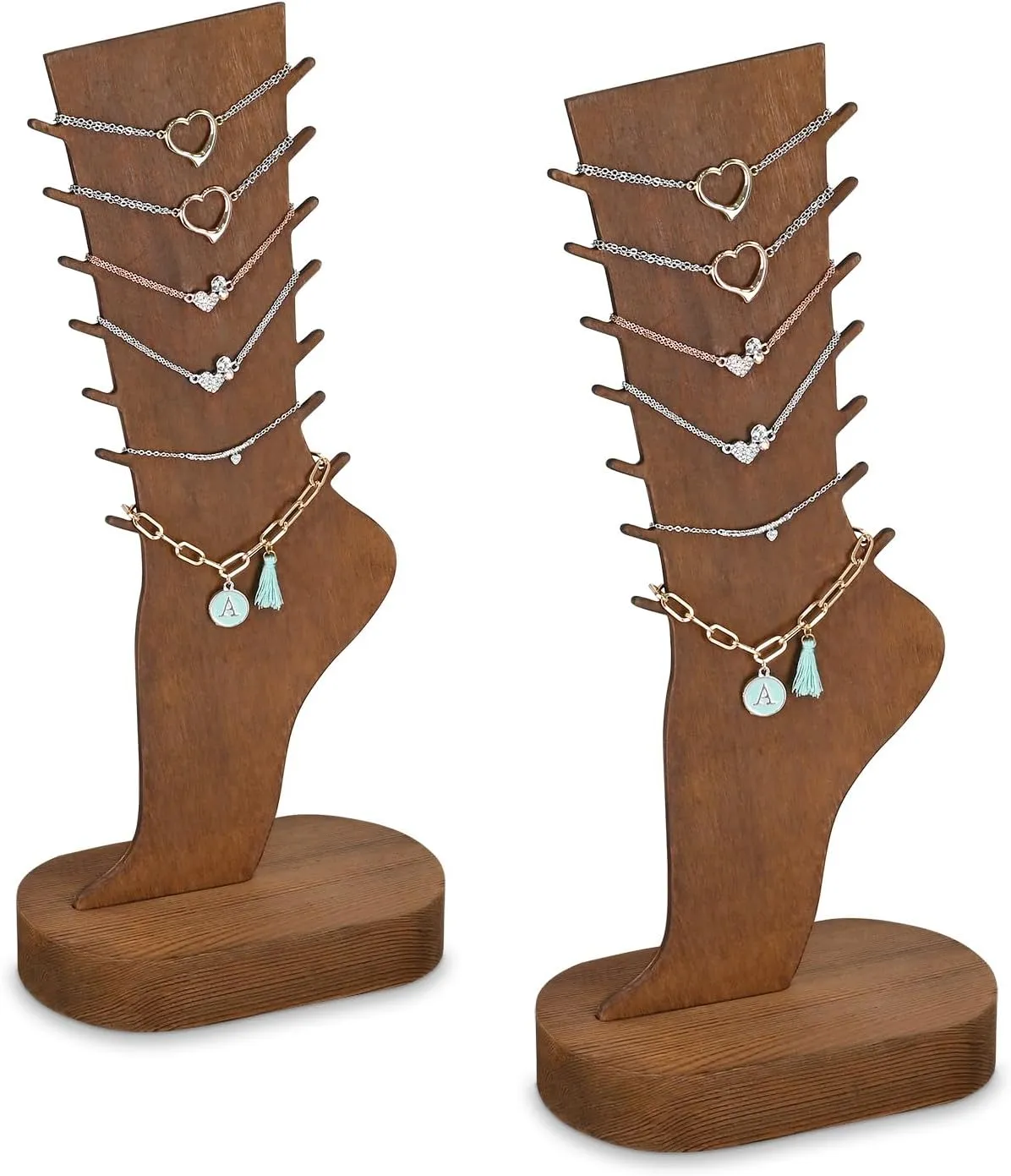 MOOCA 2 Pcs Set Two-Way Tabletop or Wall-Mountable Jewelry Display Natural Wood Foot-Shaped Bracelet Display, Anklets Display Storage, Wood Sturdy Base, Brown Color