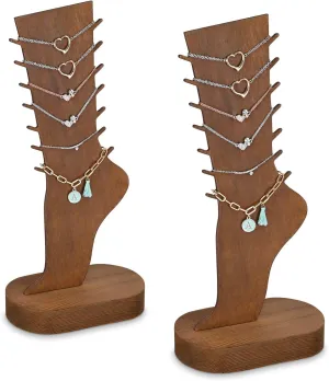MOOCA 2 Pcs Set Two-Way Tabletop or Wall-Mountable Jewelry Display Natural Wood Foot-Shaped Bracelet Display, Anklets Display Storage, Wood Sturdy Base, Brown Color