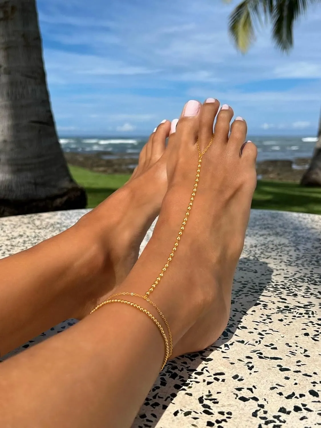 Moodear Gold Anklets for Women Waterproof Ankle Bracelets Chain for Women Non Tarnish Trendy Dainty CZ Bead Layered Anklets Summer Beach Jewelry Gift