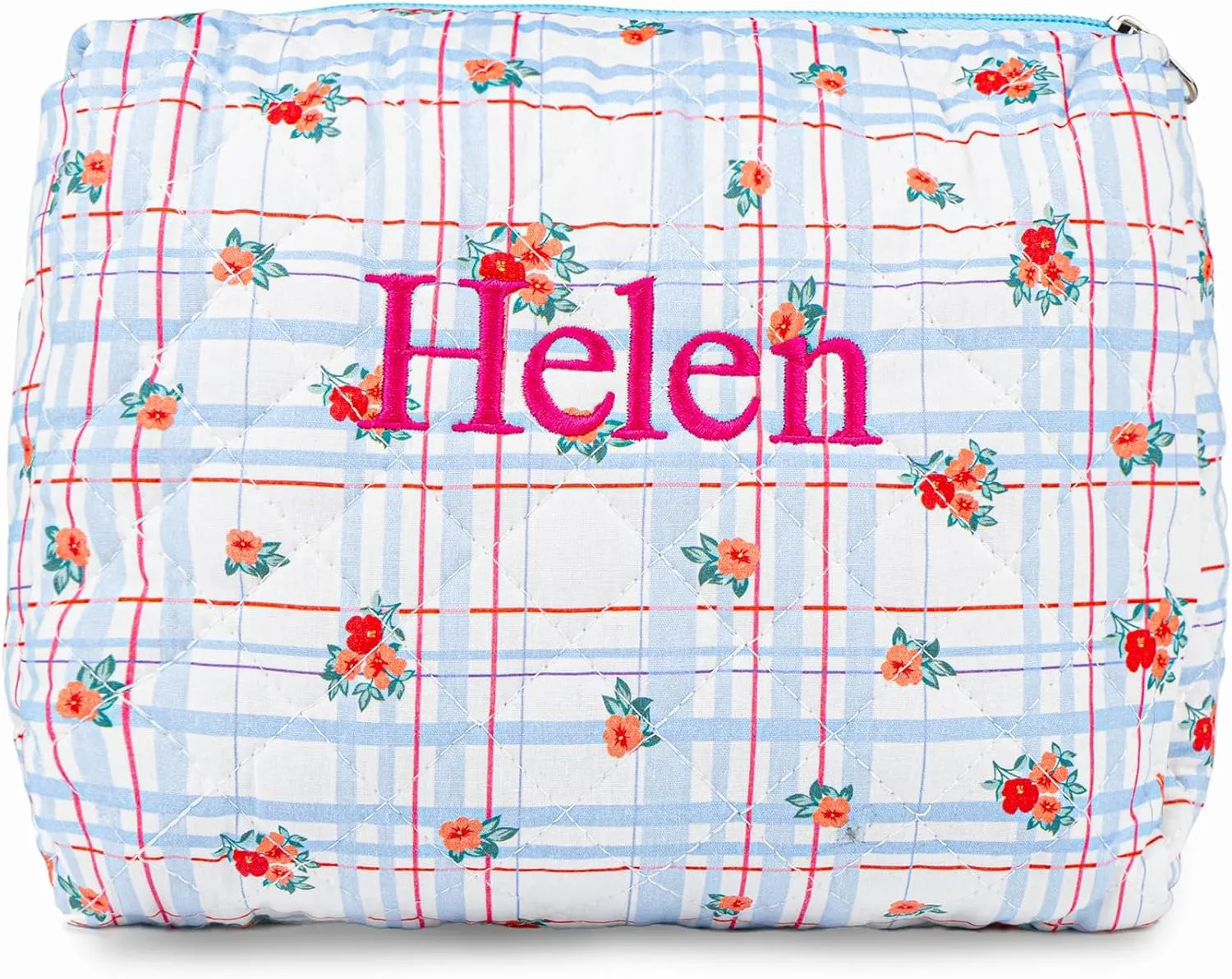 MT WORLD Cotton Floral Makeup Bag Personalized Travel Toiletry Bag with Embroidered Name Large Quilted Cosmetic Pouches for Women Girls Snack Bag Puffy Pouch Bridesmaid Gift (White Red)