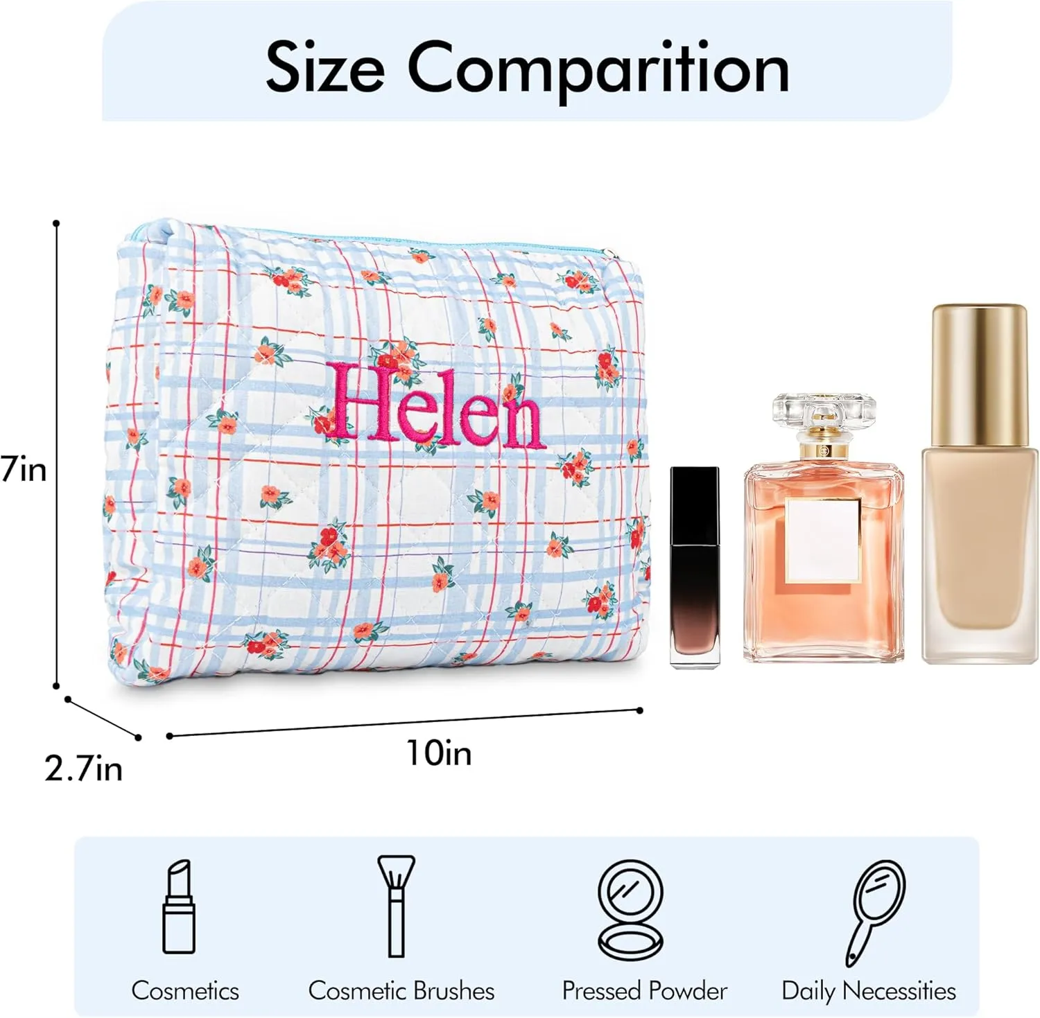 MT WORLD Cotton Floral Makeup Bag Personalized Travel Toiletry Bag with Embroidered Name Large Quilted Cosmetic Pouches for Women Girls Snack Bag Puffy Pouch Bridesmaid Gift (White Red)