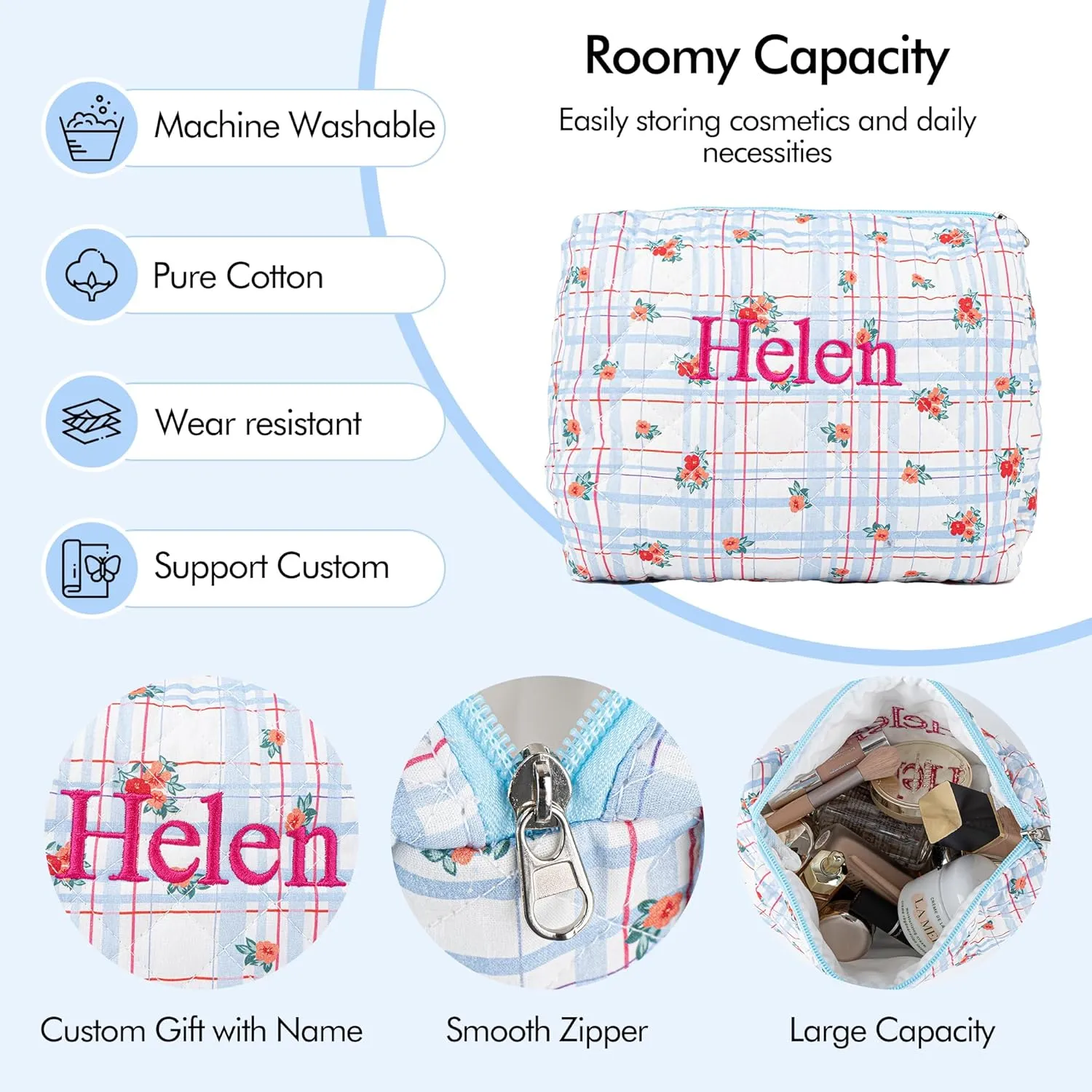 MT WORLD Cotton Floral Makeup Bag Personalized Travel Toiletry Bag with Embroidered Name Large Quilted Cosmetic Pouches for Women Girls Snack Bag Puffy Pouch Bridesmaid Gift (White Red)