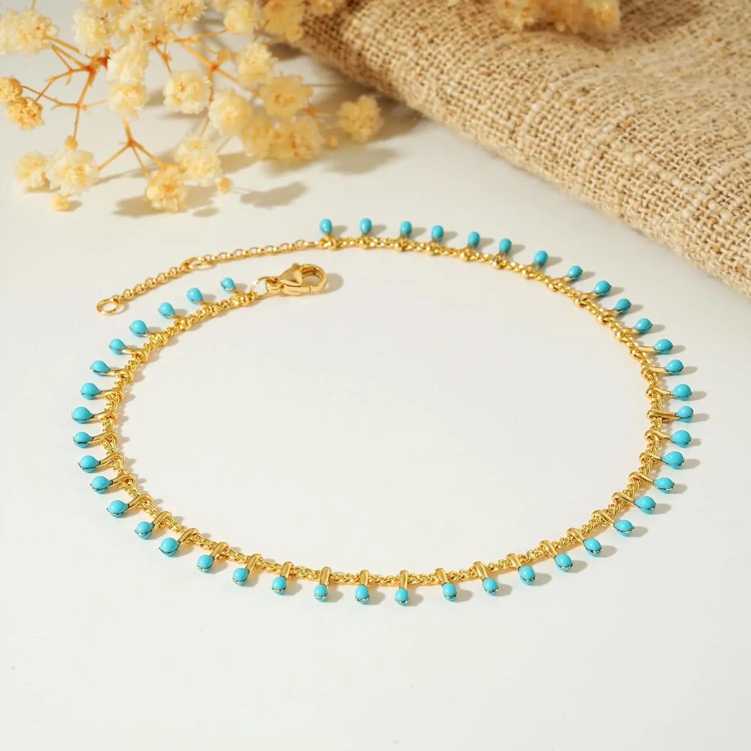 MTMY Gold Plated Anklets for Women - 14K Gold, Green Rose Colorful Cubic Zirconia Tassel Foot Chain Dainty Cute Adjustable Summer Beach Boho Anklets