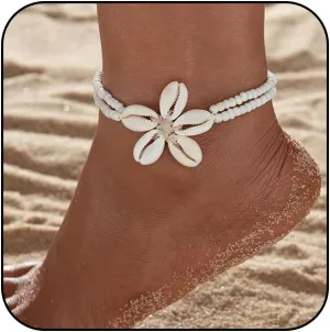Natural Shell Anklets for Women Boho Beaded Ankle Bracelets Cowrie Shells Flower Waterproof Beach Vacation Foot Jewelry