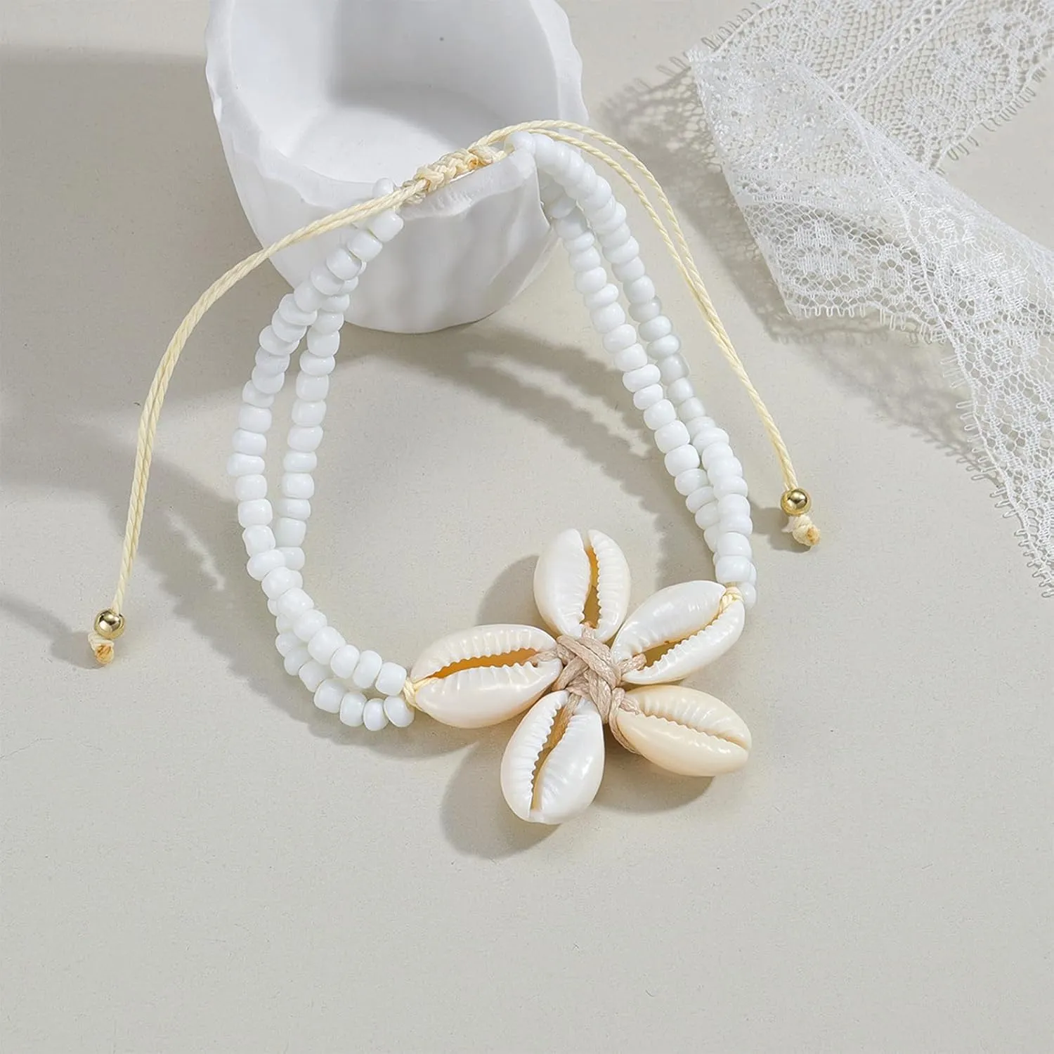 Natural Shell Anklets for Women Boho Beaded Ankle Bracelets Cowrie Shells Flower Waterproof Beach Vacation Foot Jewelry