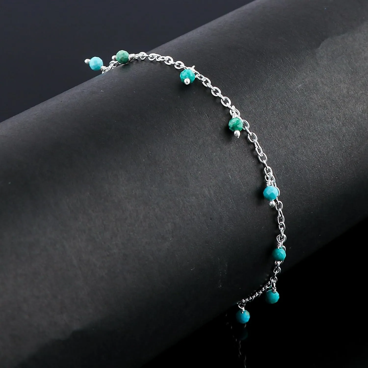 Natural Turquoise Gemstone Anklets, Handmade Jewelry, Hanging Beaded Anklet, Silver Adjustable Chain, Simple Anklets, December Birthstone, Gift for Women, 9 1.50 inch