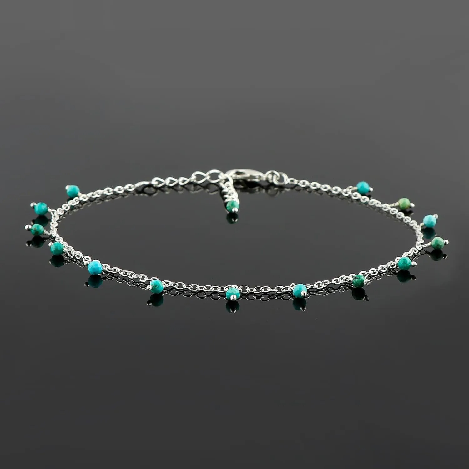 Natural Turquoise Gemstone Anklets, Handmade Jewelry, Hanging Beaded Anklet, Silver Adjustable Chain, Simple Anklets, December Birthstone, Gift for Women, 9 1.50 inch
