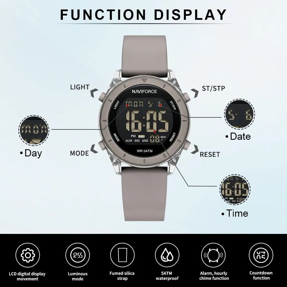 NAVIFORCE Digital Sport Waterproof Watches with Stopwatch, Alarm, 12/24 Hours, Hourly Time Signal and Snooze Function, Silicone Strap Wristwatch for Women