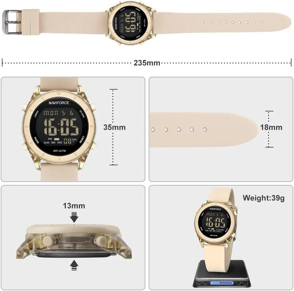 NAVIFORCE Digital Sport Waterproof Watches with Stopwatch, Alarm, 12/24 Hours, Hourly Time Signal and Snooze Function, Silicone Strap Wristwatch for Women