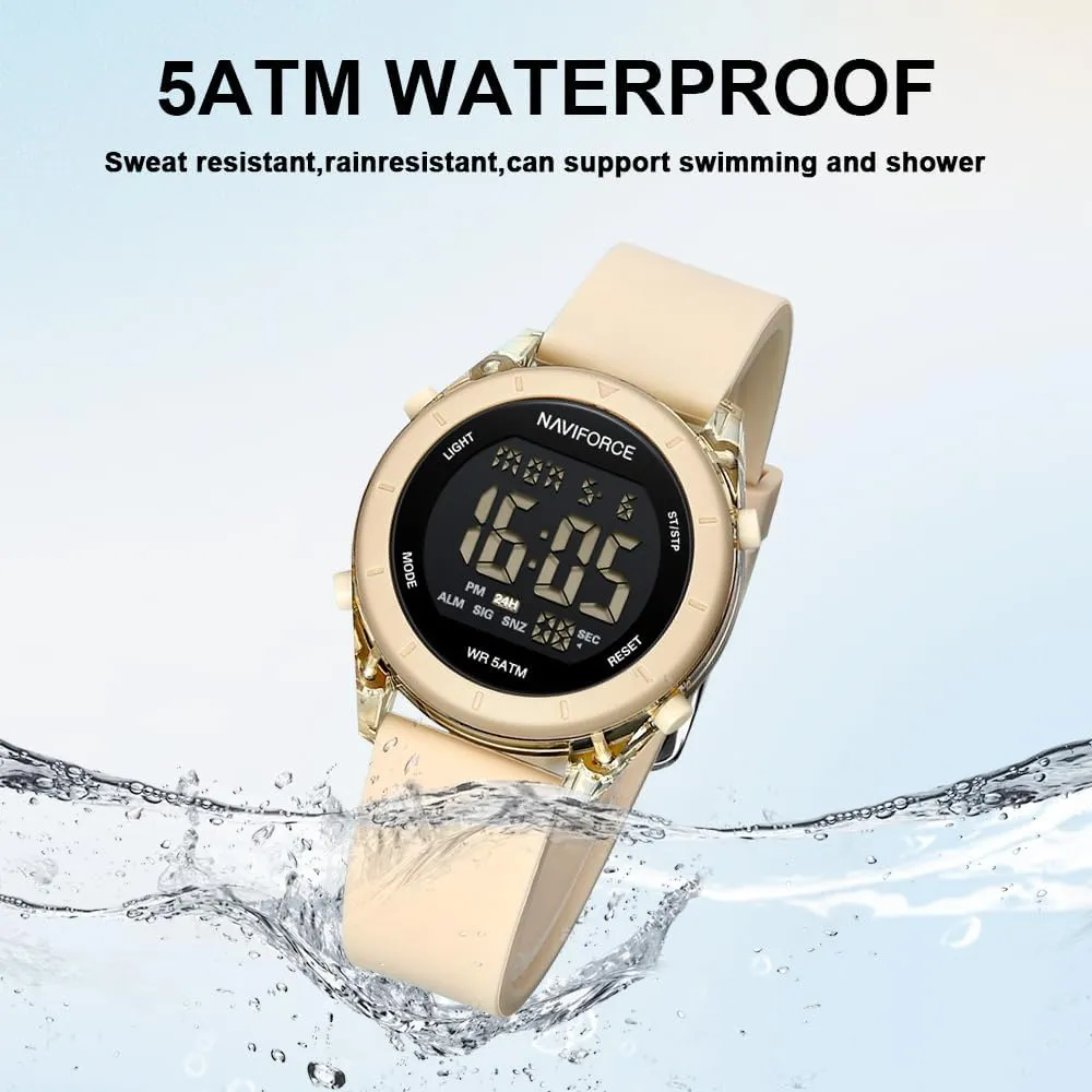 NAVIFORCE Digital Sport Waterproof Watches with Stopwatch, Alarm, 12/24 Hours, Hourly Time Signal and Snooze Function, Silicone Strap Wristwatch for Women
