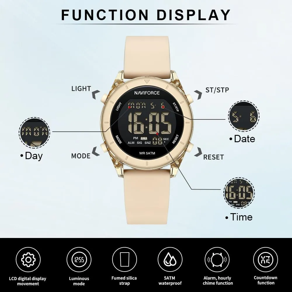 NAVIFORCE Digital Sport Waterproof Watches with Stopwatch, Alarm, 12/24 Hours, Hourly Time Signal and Snooze Function, Silicone Strap Wristwatch for Women