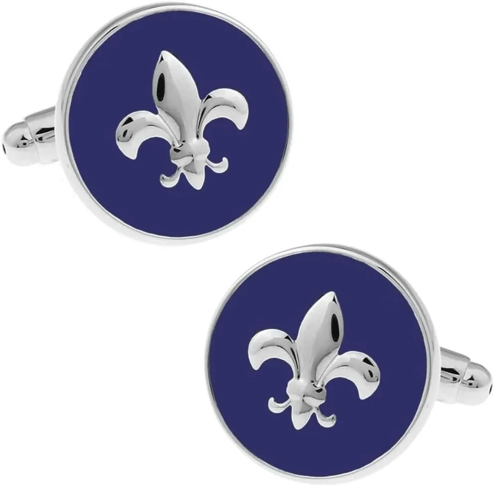 Navy fleur-de-lis lily Emblem Round Cufflinks