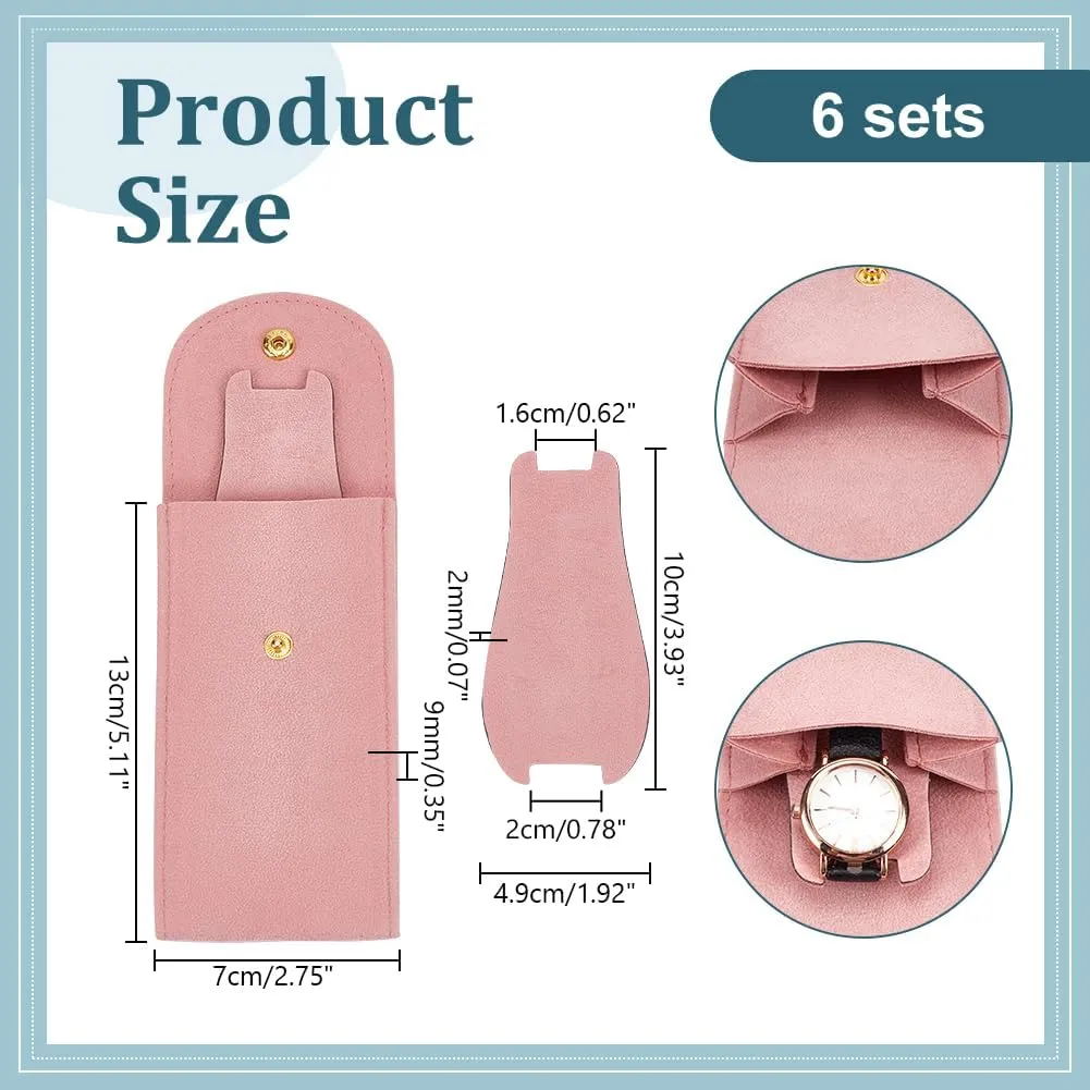 NBEADS 6 Pcs Velvet Watch Pouch, 5.12x2.76inch Portable Watch Travel Case Single Watch Storage Bag with Insert Cardboard and Alloy Snap Fastener for Jewelry Watch Organizer, Flamingo