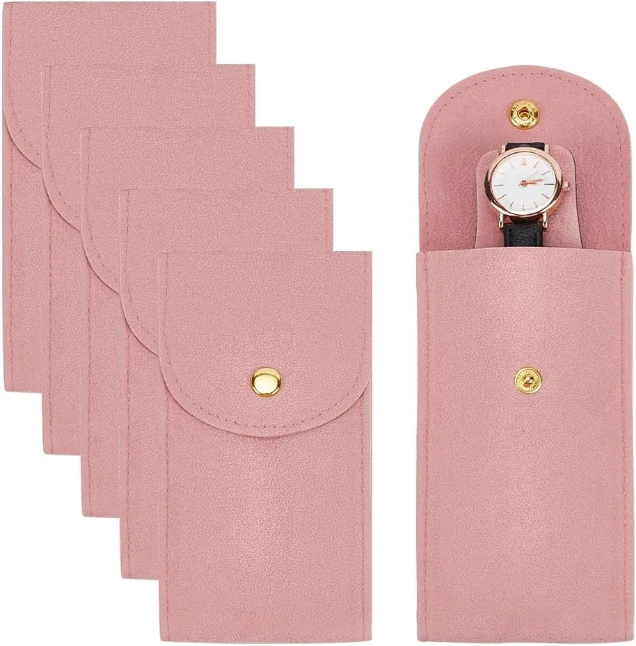 NBEADS 6 Pcs Velvet Watch Pouch, 5.12x2.76inch Portable Watch Travel Case Single Watch Storage Bag with Insert Cardboard and Alloy Snap Fastener for Jewelry Watch Organizer, Flamingo