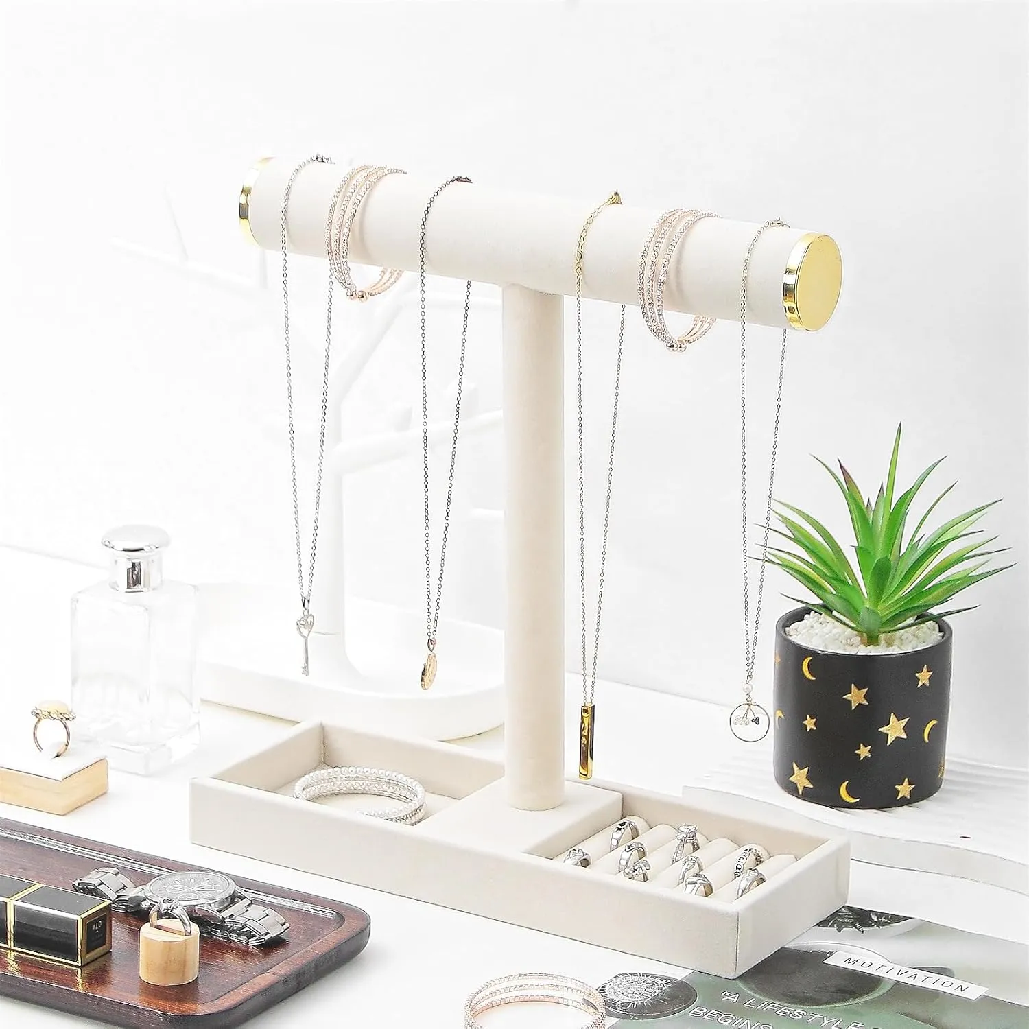 Necklace Display Holder, Bracelet Organizer Stand with Earrings Tray and Metal Lid, Jewelry Scrunchie Watches Tray Rack for Women Home Desk (Beige)