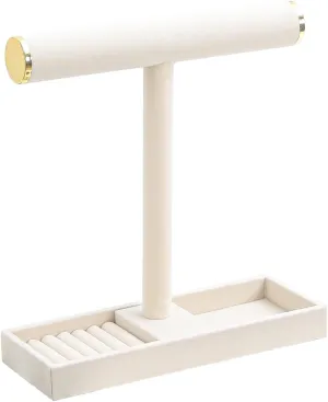 Necklace Display Holder, Bracelet Organizer Stand with Earrings Tray and Metal Lid, Jewelry Scrunchie Watches Tray Rack for Women Home Desk (Beige)