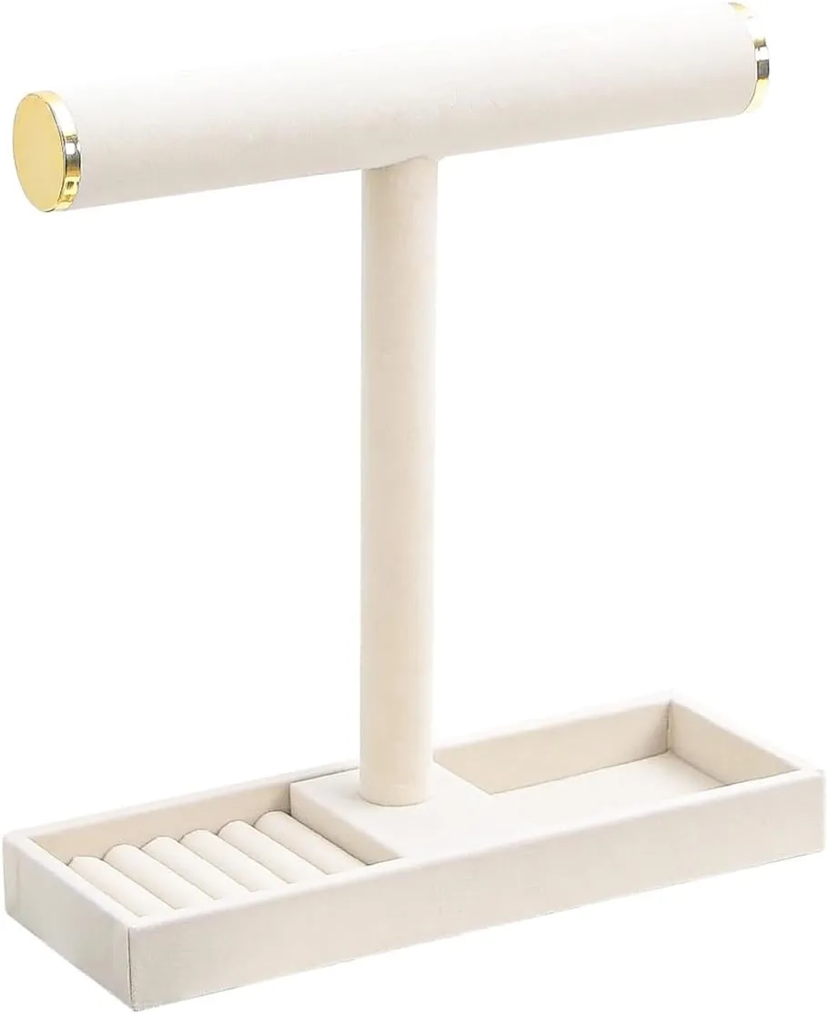 Necklace Display Holder, Bracelet Organizer Stand with Earrings Tray and Metal Lid, Jewelry Scrunchie Watches Tray Rack for Women Home Desk (Beige)