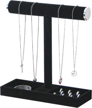 Necklace Display Holder, Bracelet Organizer Stand with Earrings Tray and Metal Lid, Jewelry Scrunchie Watches Tray Rack for Women Home Desk (Black)