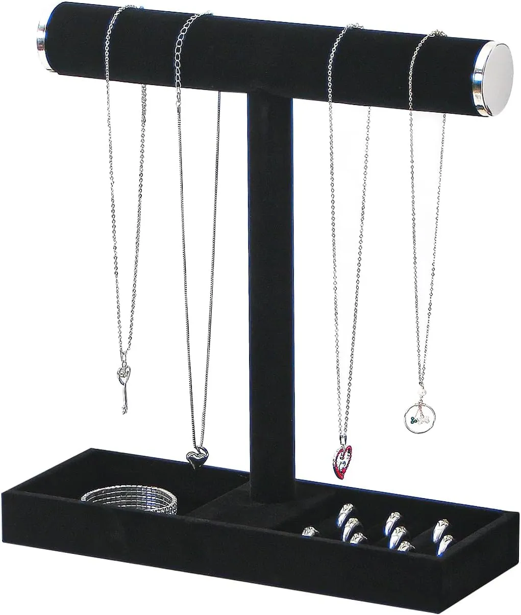 Necklace Display Holder, Bracelet Organizer Stand with Earrings Tray and Metal Lid, Jewelry Scrunchie Watches Tray Rack for Women Home Desk (Black)