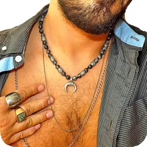 Necklace for Men's - Men's Necklace with Half moon Silver Pendant and Labradorite gemstones - Men Neckless - Gift for men - Mala necklace - Men jewelry