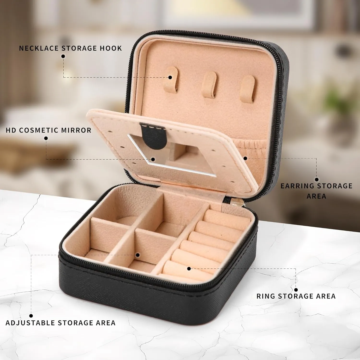 Neveika Jewelry Box with Mirror,Small Jewelry Organizer BoxTravel Jewelry Case for WomenGift Jewelry Boxes for Female Girls (mirror black)
