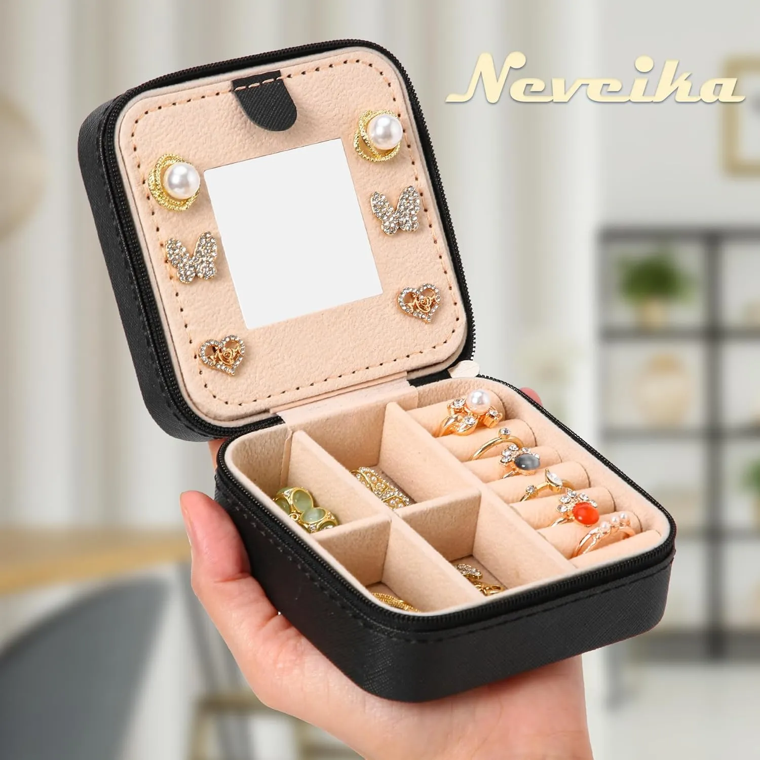 Neveika Jewelry Box with Mirror,Small Jewelry Organizer BoxTravel Jewelry Case for WomenGift Jewelry Boxes for Female Girls (mirror black)