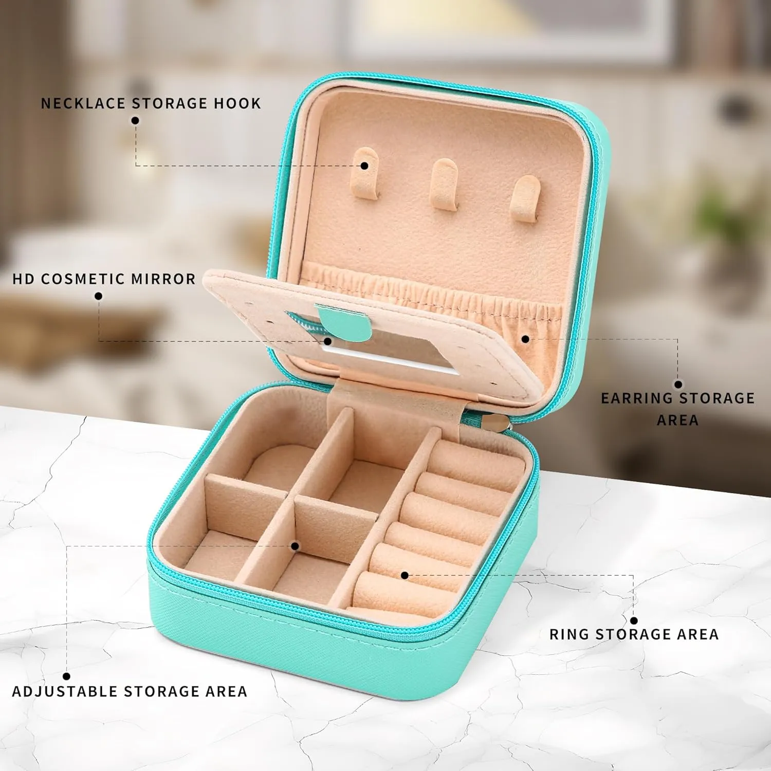 Neveika Jewelry Box with Mirror,Small Jewelry Organizer BoxTravel Jewelry Case for WomenGift Jewelry Boxes for Female Girls (mirror blue)