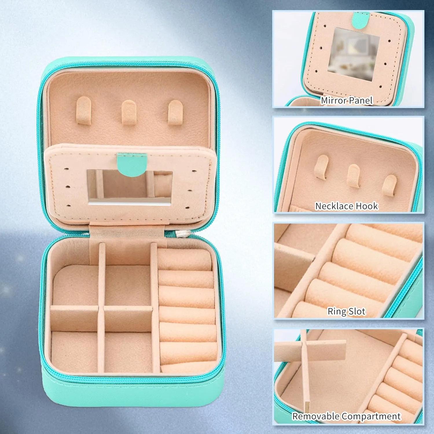 Neveika Jewelry Box with Mirror,Small Jewelry Organizer BoxTravel Jewelry Case for WomenGift Jewelry Boxes for Female Girls (mirror blue)