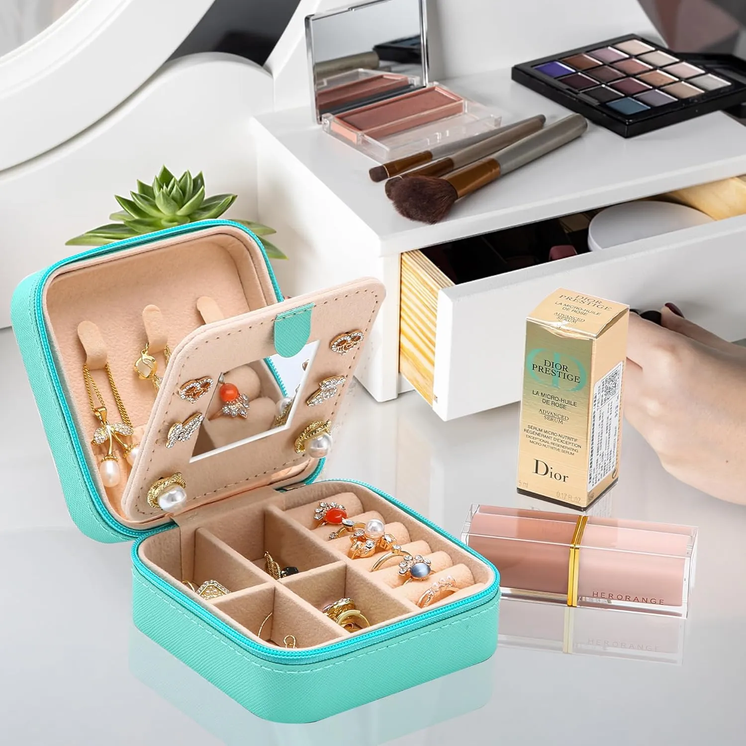 Neveika Jewelry Box with Mirror,Small Jewelry Organizer BoxTravel Jewelry Case for WomenGift Jewelry Boxes for Female Girls (mirror blue)
