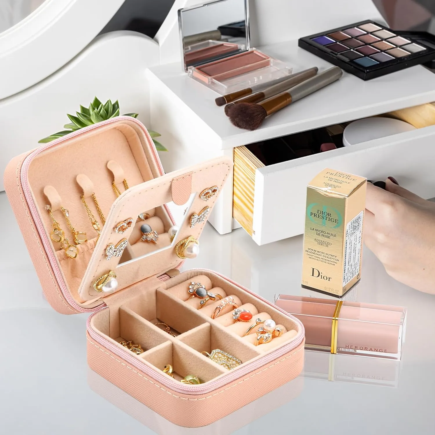 Neveika Jewelry Box with Mirror,Small Jewelry Organizer BoxTravel Jewelry Case for WomenGift Jewelry Boxes for Female Girls (mirror pink)