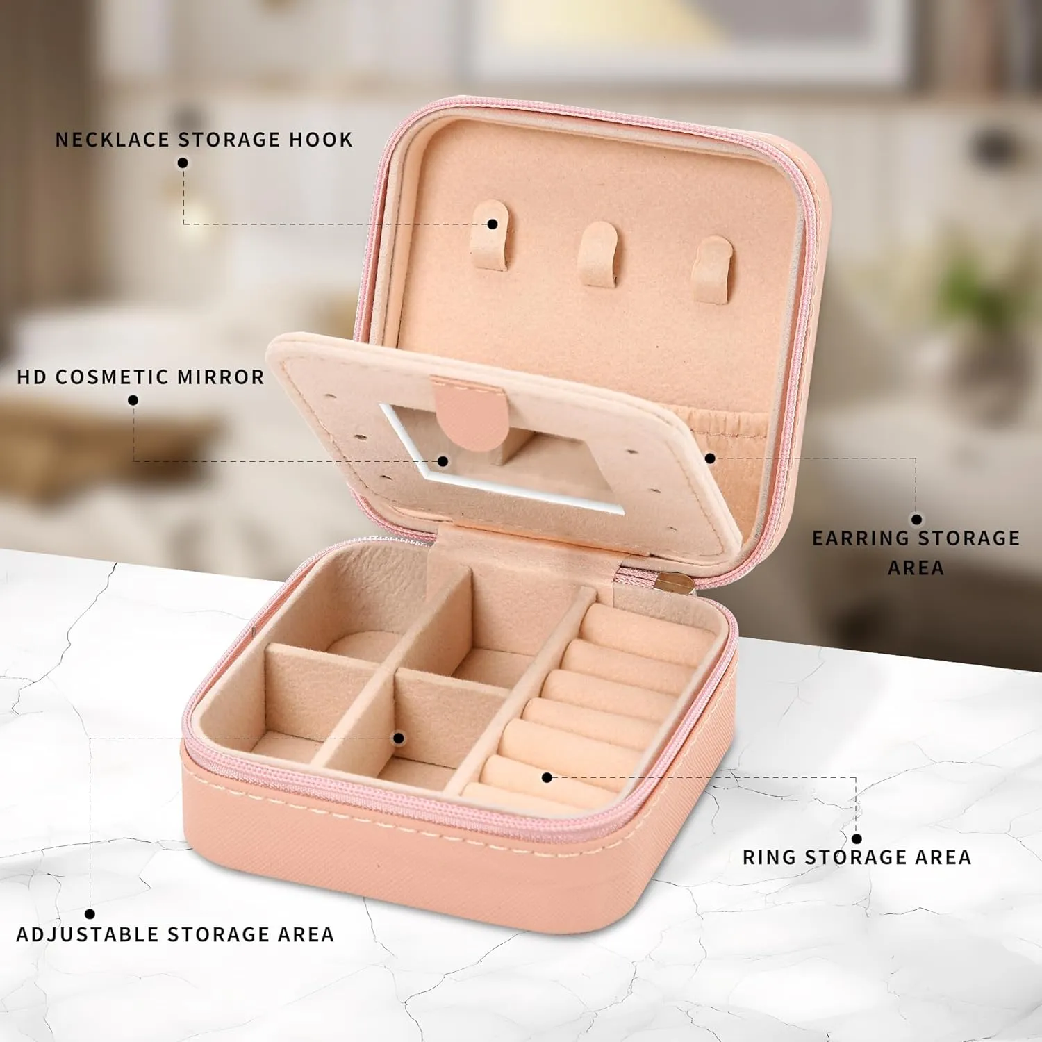 Neveika Jewelry Box with Mirror,Small Jewelry Organizer BoxTravel Jewelry Case for WomenGift Jewelry Boxes for Female Girls (mirror pink)