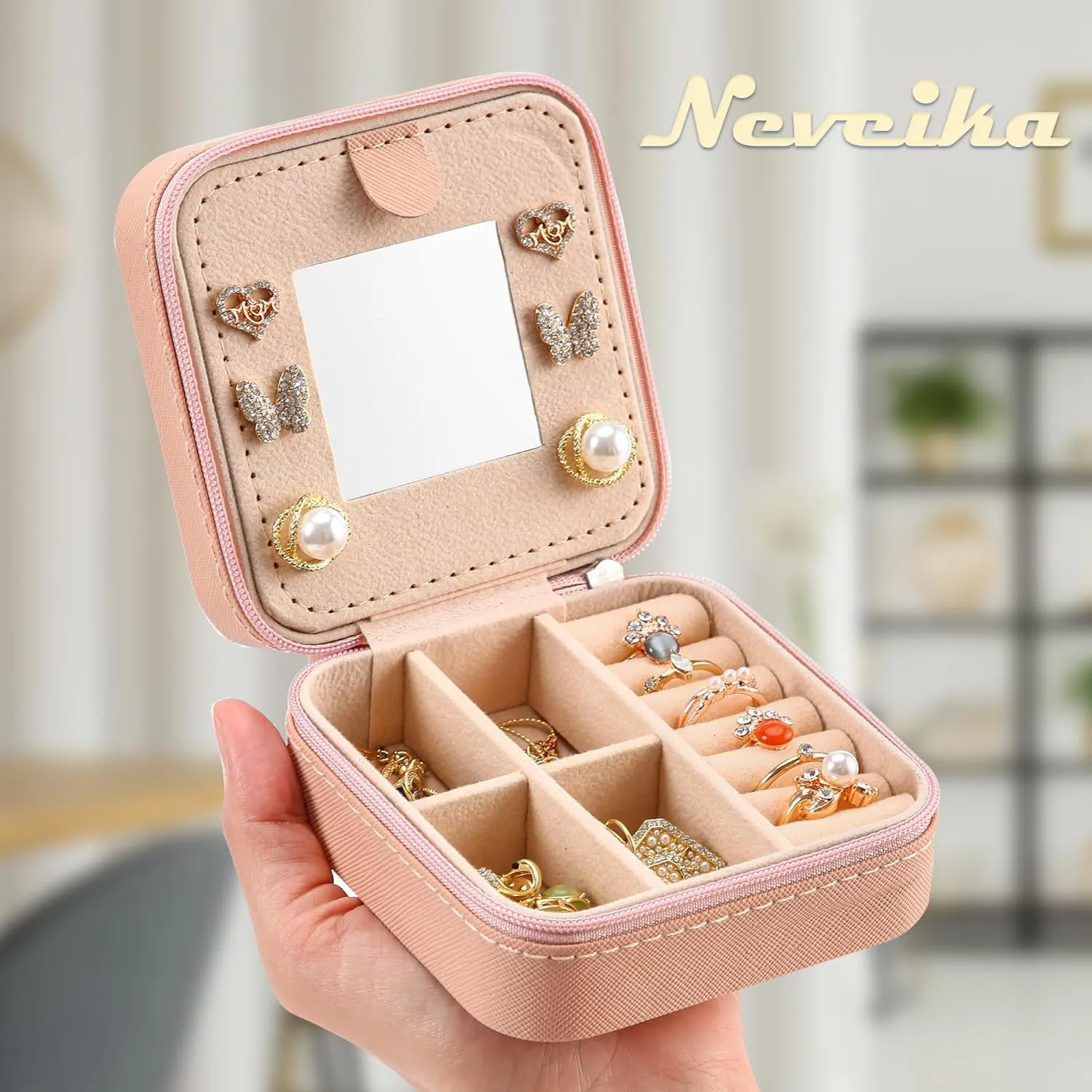 Neveika Jewelry Box with Mirror,Small Jewelry Organizer BoxTravel Jewelry Case for WomenGift Jewelry Boxes for Female Girls (mirror pink)