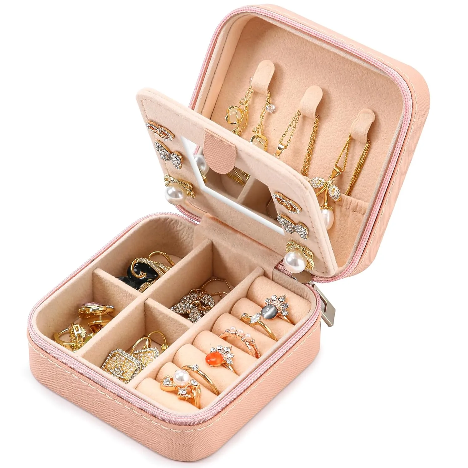 Neveika Jewelry Box with Mirror,Small Jewelry Organizer BoxTravel Jewelry Case for WomenGift Jewelry Boxes for Female Girls (mirror pink)