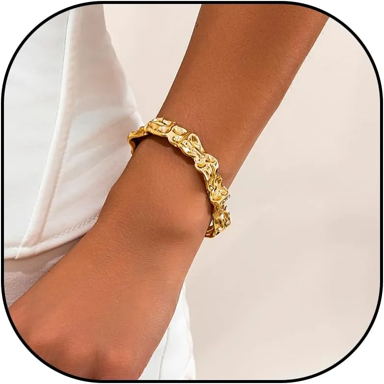 New Gold/Silver Cuff Bangle Bracelets for Women 18K Gold Plated Chunky Open Cuff Bangle Bracelets Hammered Textured Cuff Bracelet Minimalist Thick Gold Wrist Cuff Bracelets Jewelry for Women Teen Girls