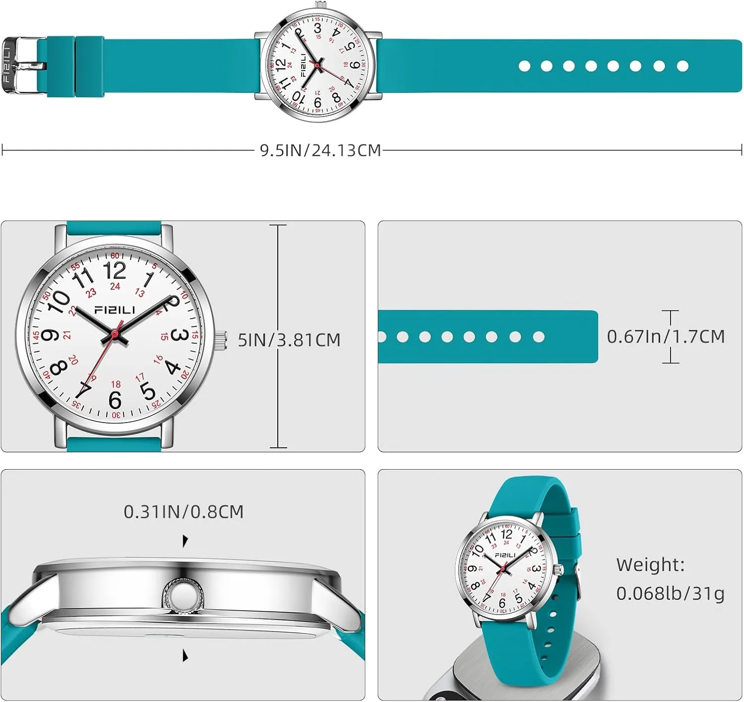 Nurse Watch for Medical Professionals Students Doctors Women Men - Waterproof Military Time Luminous Easy Read Dial, 24 Hour with Second Hand, Silicone Band Watches