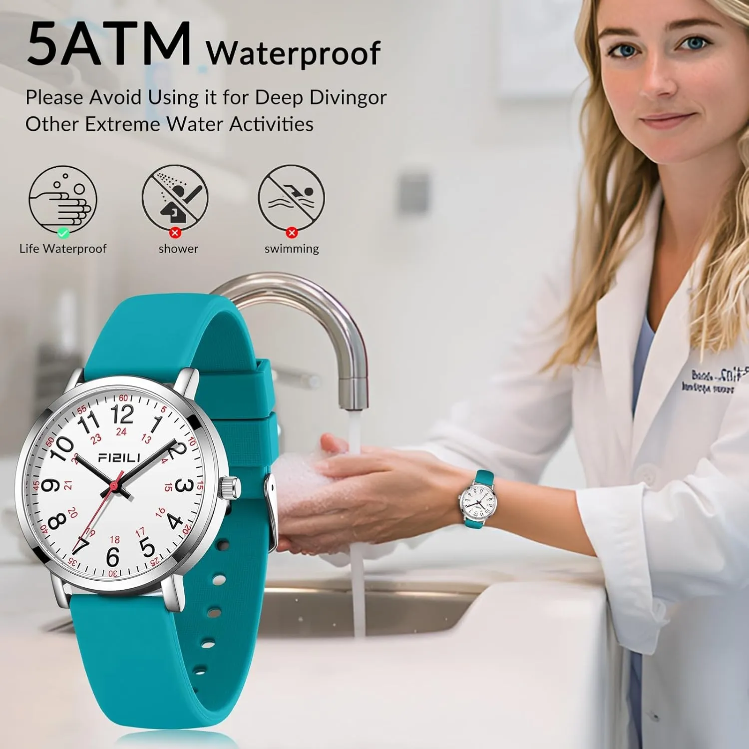 Nurse Watch for Medical Professionals Students Doctors Women Men - Waterproof Military Time Luminous Easy Read Dial, 24 Hour with Second Hand, Silicone Band Watches