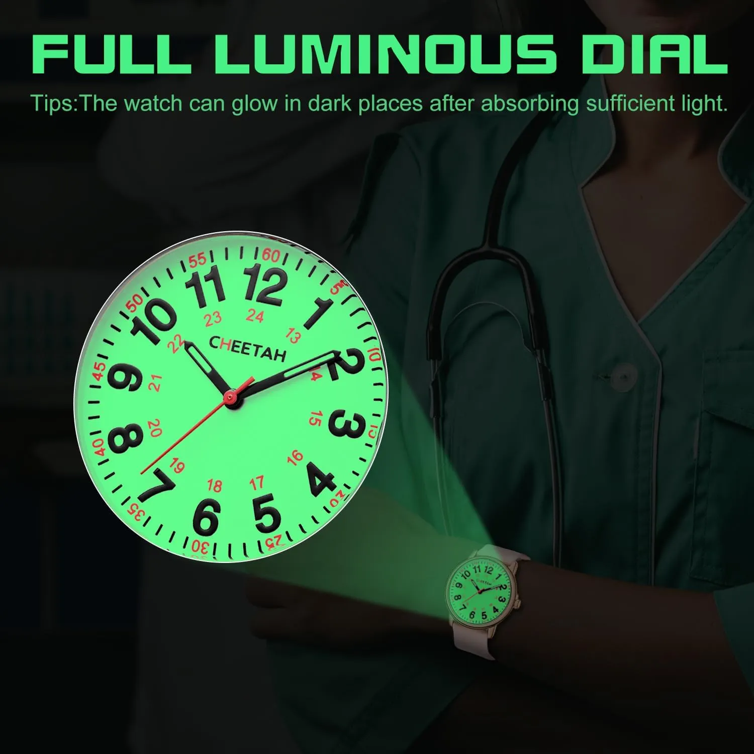 Nurse Watches for Men Women Medical Professionals, Students with Luminous Easy Read Dial, Second Hand 24 Hour, Waterproof Silicone Band