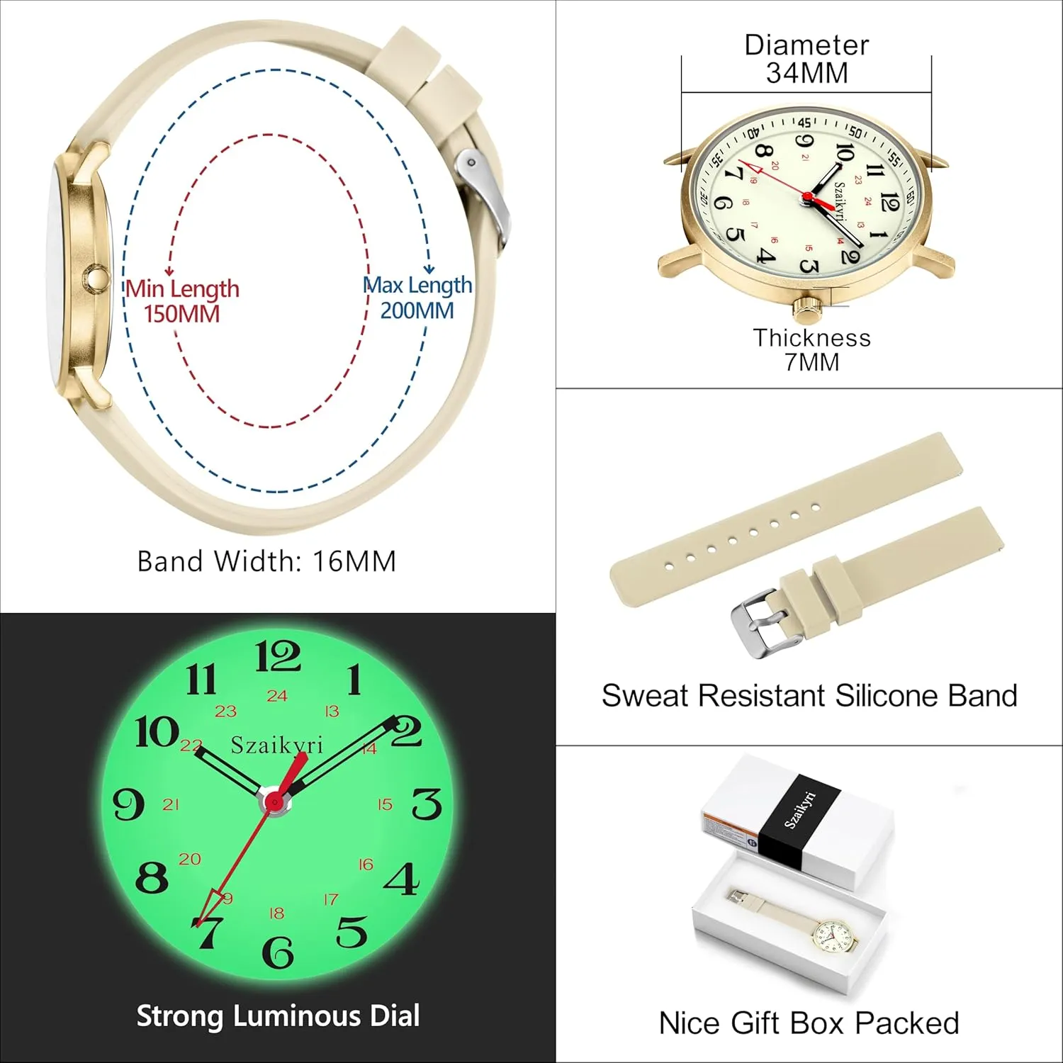 Nurse Watches for Women Medical Professionals, Students with Luminous Easy Read Military Time Dial Unisex Sports Watch Water Resistant
