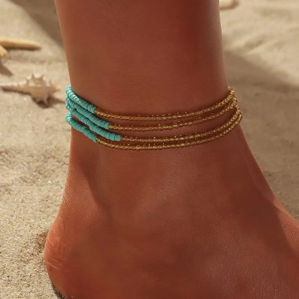 Octwine Bohemia Beaded African Multicolor Rainbow Anklets Bracelets Glass Bead Anklet Bracelet Elastic Foot and Hand Chain Summer Foot Anklets for Women