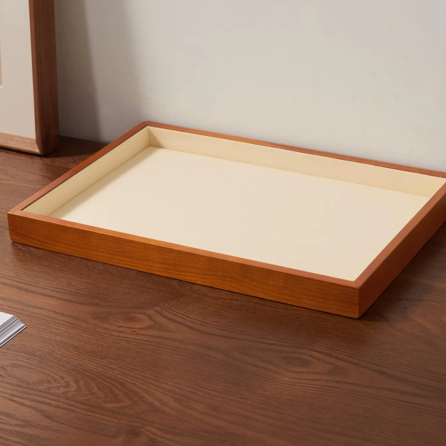 Oirlv Wood Flat Jewelry Tray Stackable Jewelry Drawer Organizer Showcase Jewelry Holder (Creamy-white flat tray)