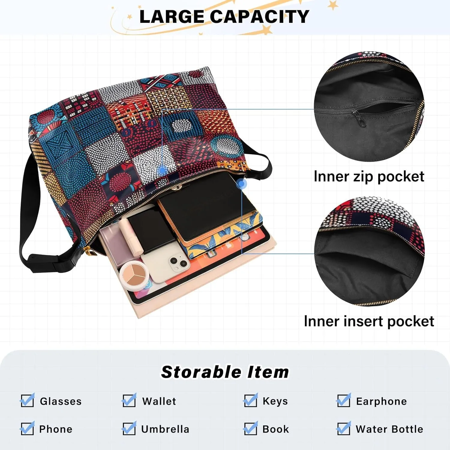 Oldstyle African Textile Leather Shoulder Bag, Lightweight Shoulder Hobo Bag, Long Shoulder Bag Women