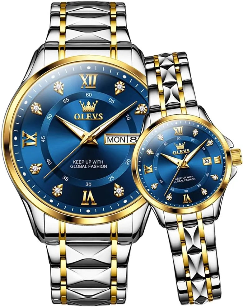OLEVS Couple Quartz Watch Luminous Calendar Date Business Formal Luxury Men's and Women's Watch Waterproof Casual Stainless Steel Couple Wedding Romantic Watch 2 Pieces