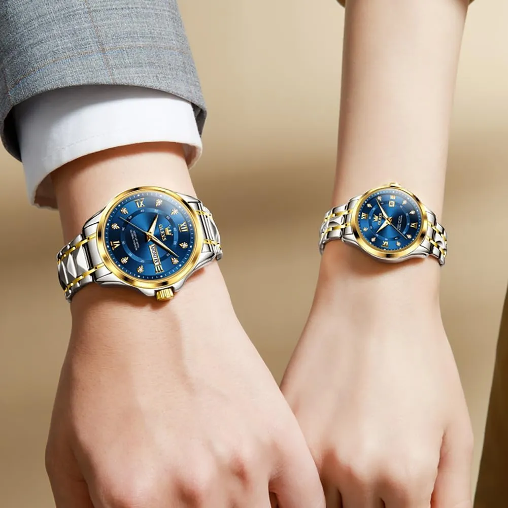 OLEVS Couple Quartz Watch Luminous Calendar Date Business Formal Luxury Men's and Women's Watch Waterproof Casual Stainless Steel Couple Wedding Romantic Watch 2 Pieces