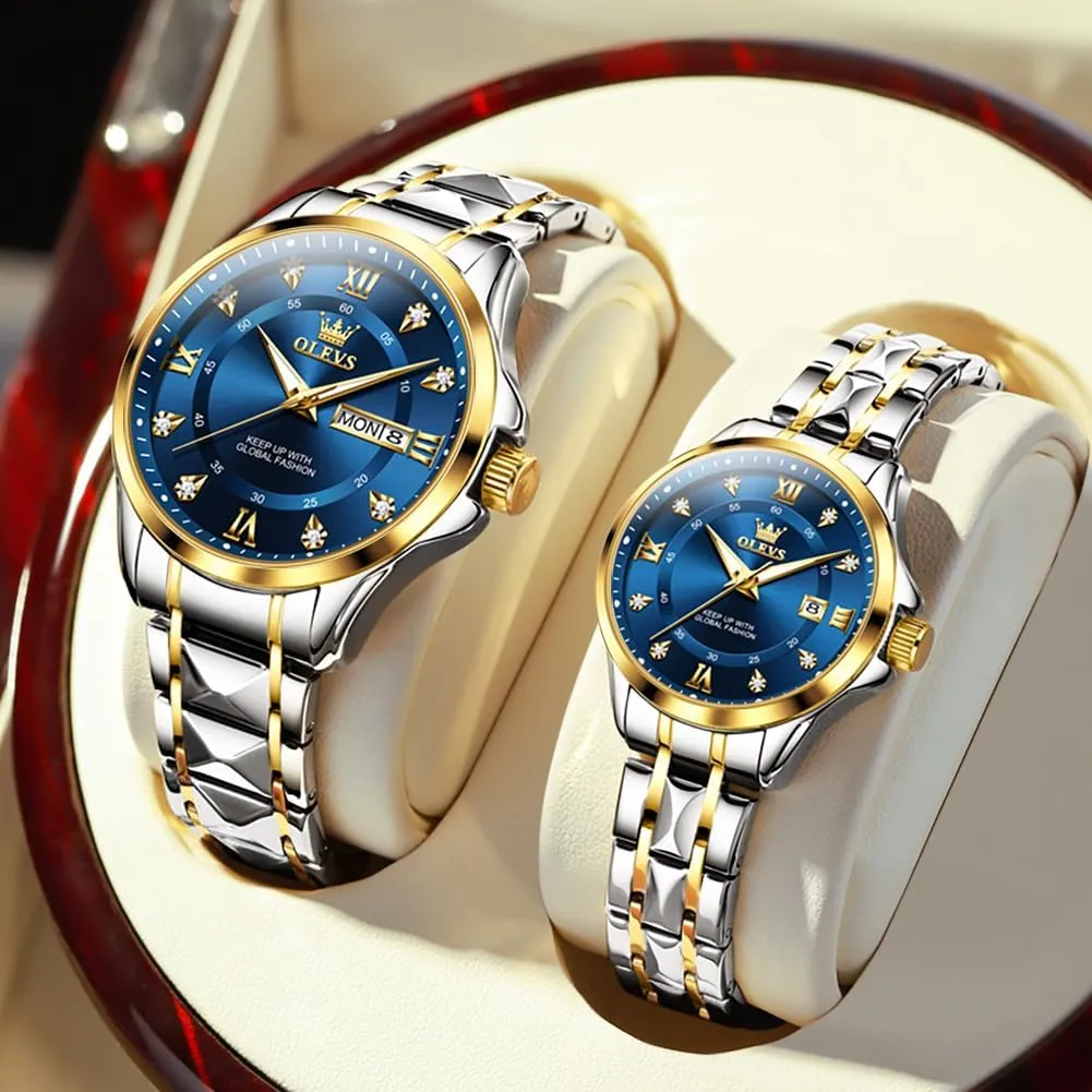 OLEVS Couple Quartz Watch Luminous Calendar Date Business Formal Luxury Men's and Women's Watch Waterproof Casual Stainless Steel Couple Wedding Romantic Watch 2 Pieces